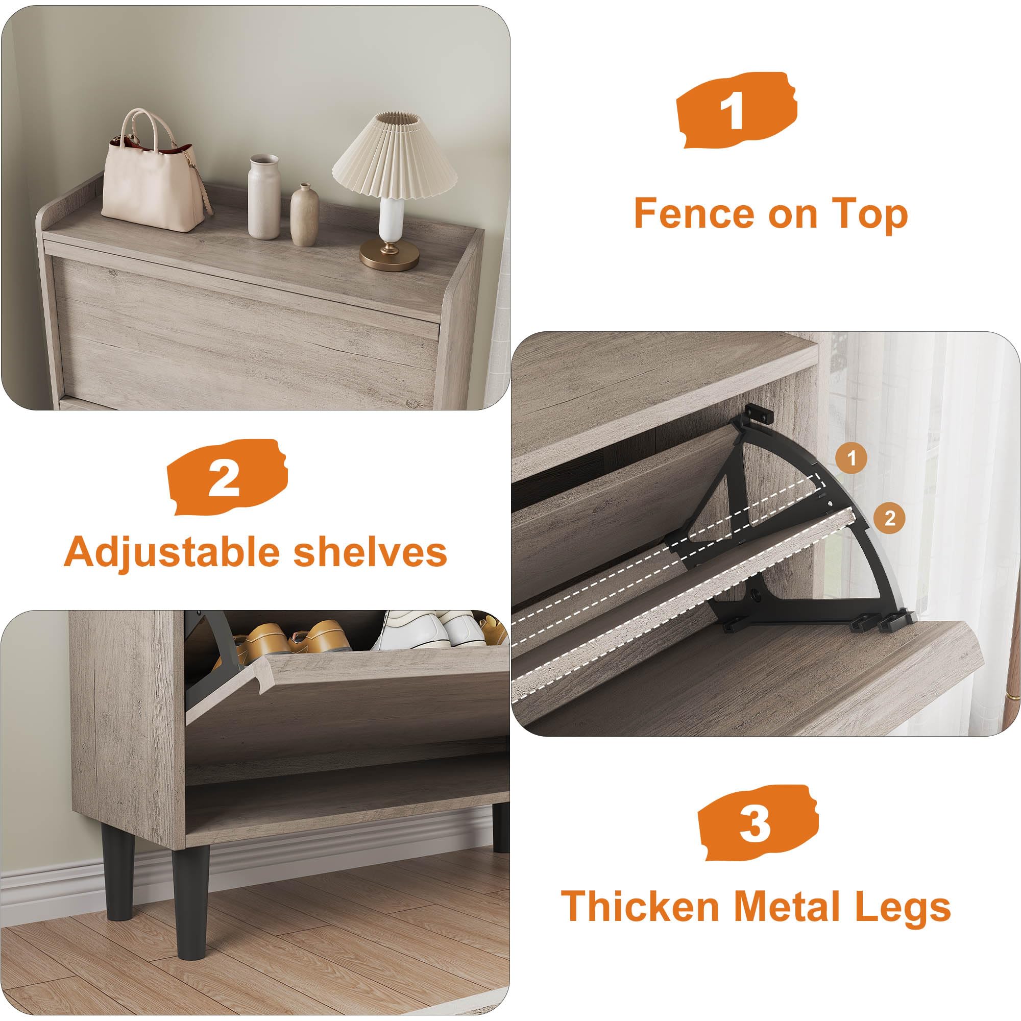 Garvee Grey Shoe Cabinet with 2 Flip Drawers, Wooden Shoe